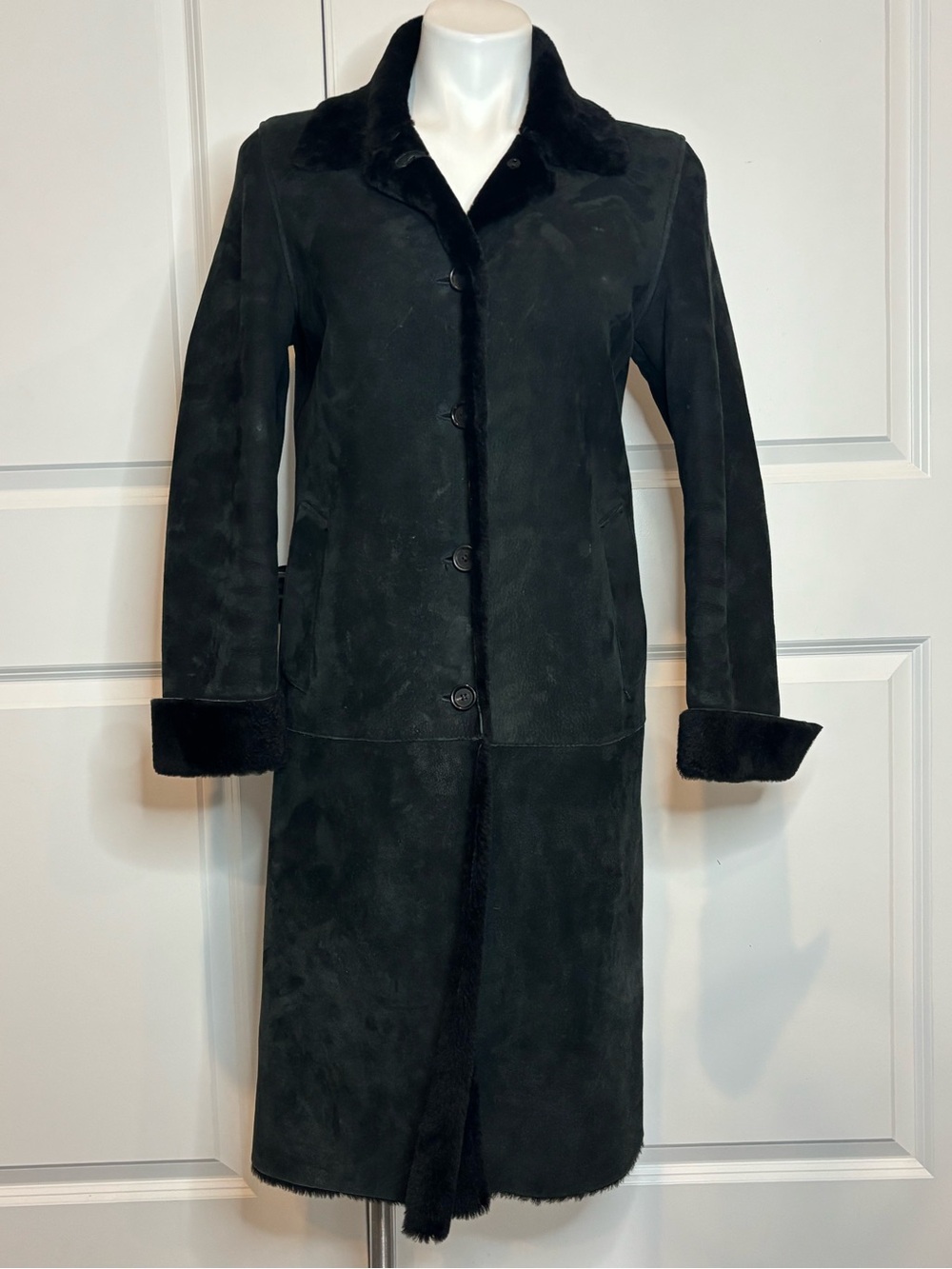 Burberry London Black Shearling Sheepskin Leather Button Front Coat 6